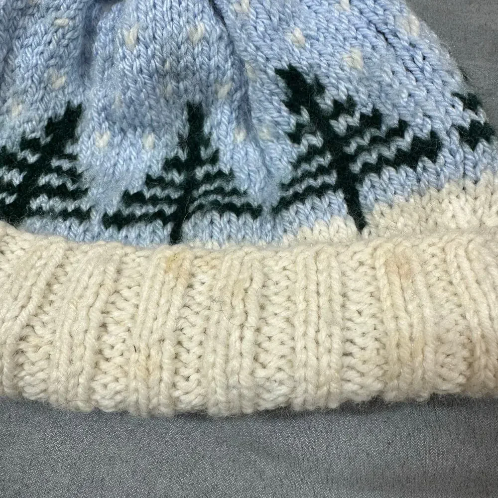 Hand Knit Beanie Pom Pom Hat Tree Pattern One Size Soft Stretchy Winter Ski